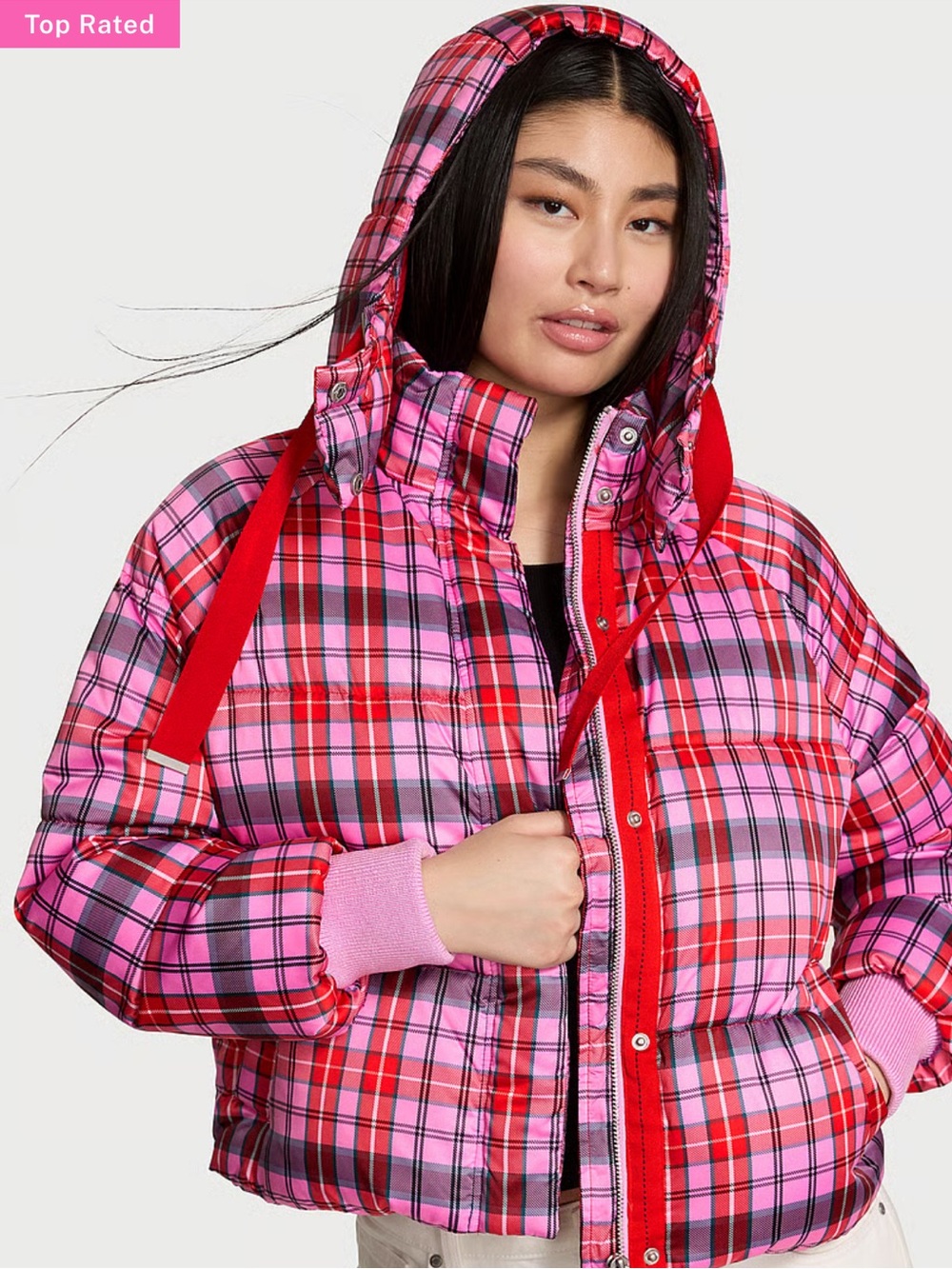 PINK Victoria's Secret Pink & Red Plaid Hooded Puffer Jacket